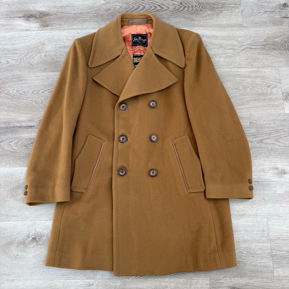 Vintage 70s Cortefiel Camel Wool Peacoat Mens 40 Double Breasted Overcoat Spain